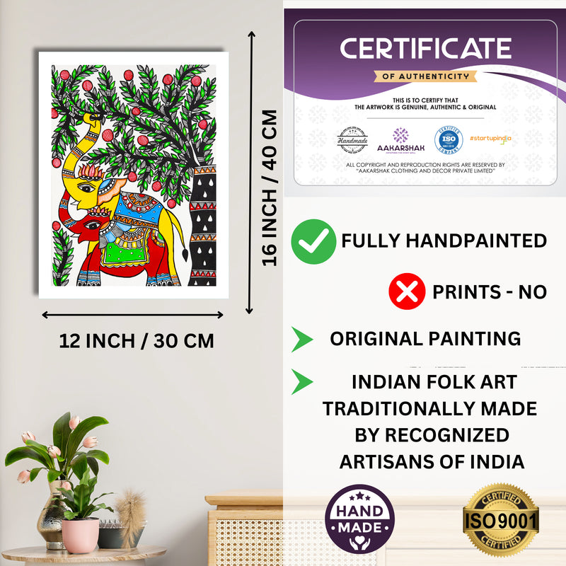 Framed artwork with dimensions, authenticity certificate and handmade iso certified-elephant madhubani painting