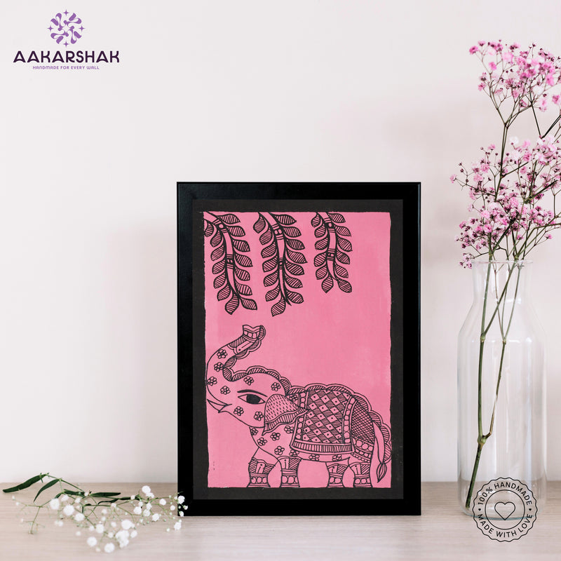 handmade madhubani painting elephant painting-with tabletop stand for home decor
