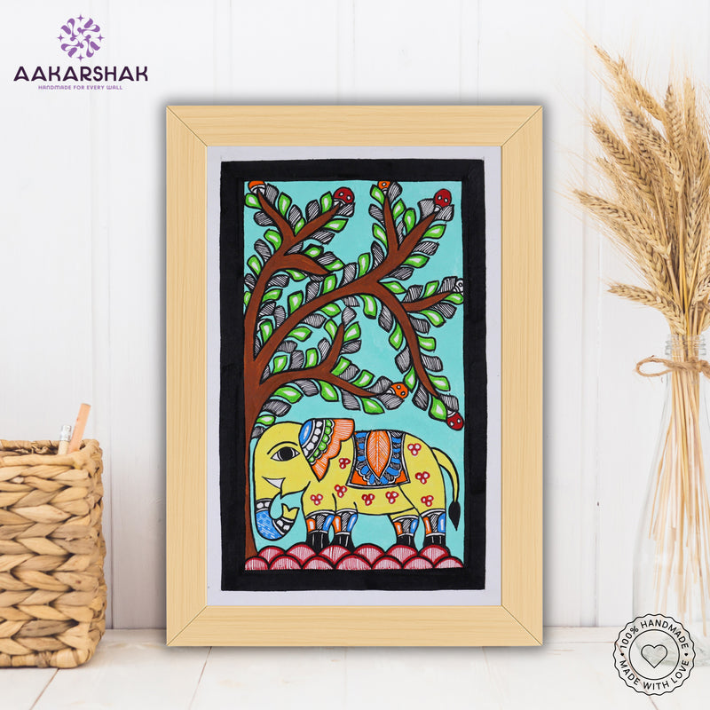 handmade madhubani painting elephant painting-with tabletop stand for home decor