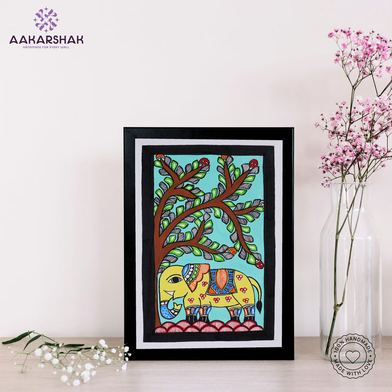 handmade madhubani painting elephant painting-with tabletop stand for home decor