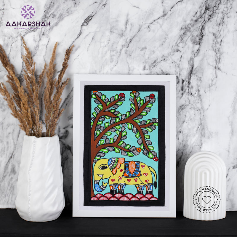 handmade madhubani painting elephant painting-with tabletop stand for home decor