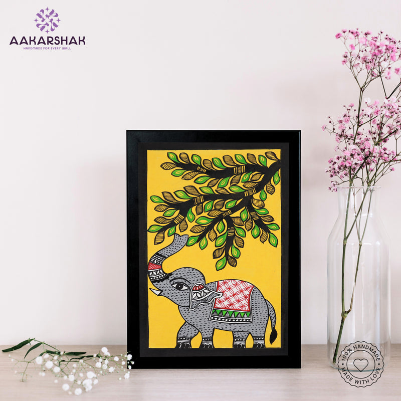 handmade madhubani painting elephant painting-with tabletop stand for home decor