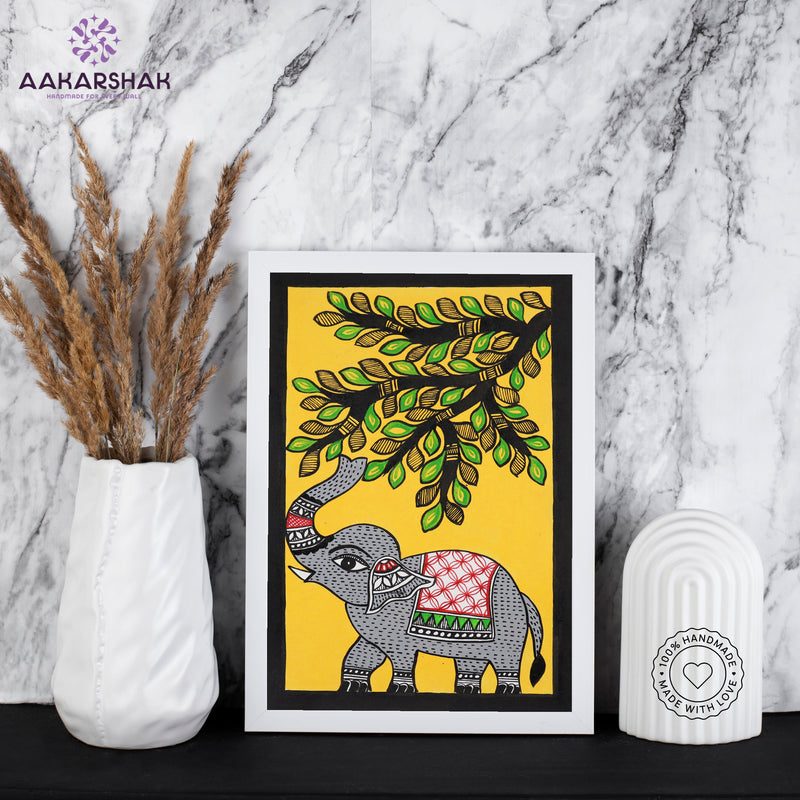 handmade madhubani painting elephant painting-with tabletop stand for home decor