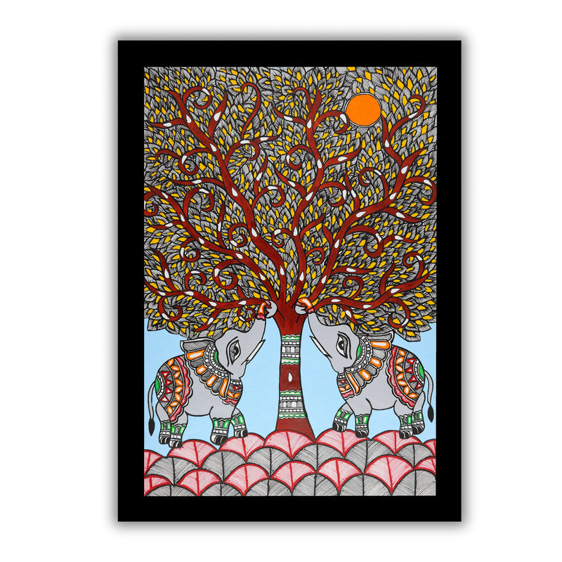 Framed artwork of a colorful elephant tree of life-with handmade madhubani