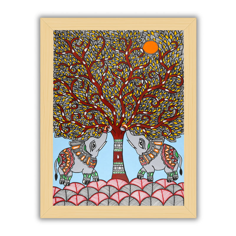 Framed artwork of a colorful elephant tree of life-with handmade madhubani