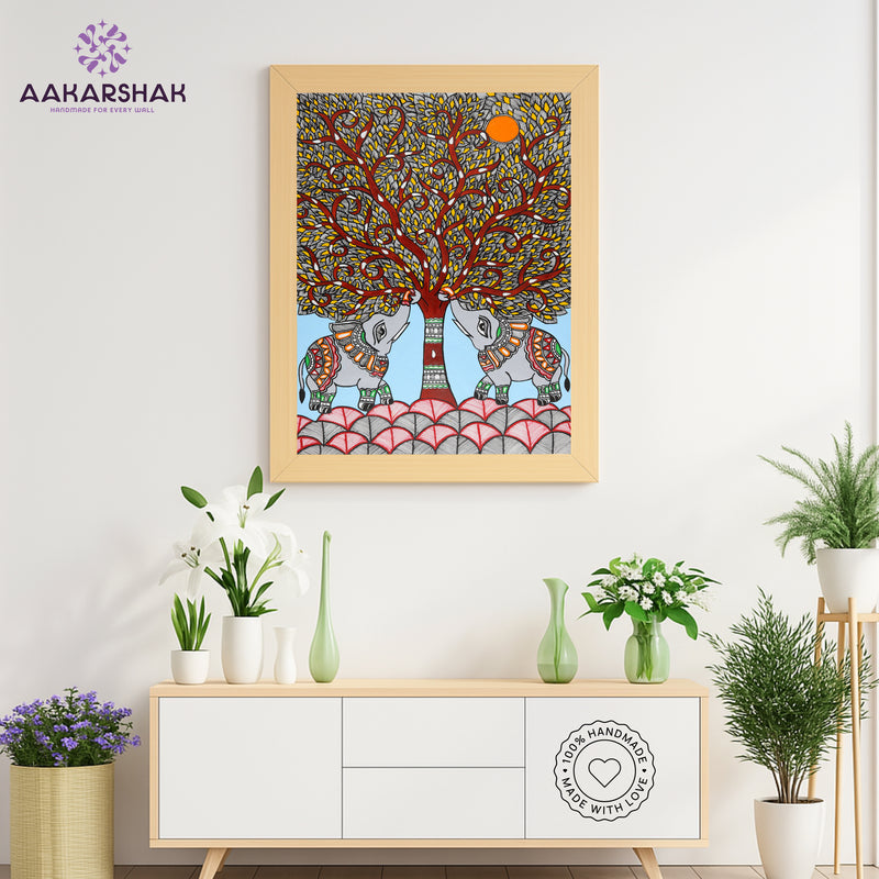 Framed artwork with elephant tree of life design -handmade madhubani painting for home decor