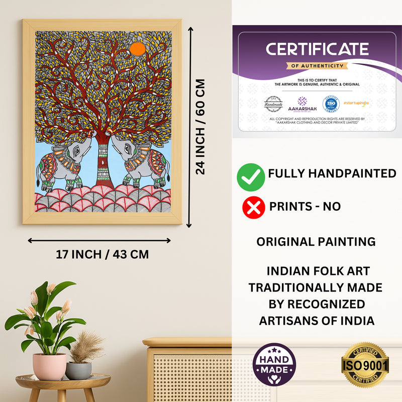 Framed artwork with dimensions, authenticity certificate and handmade iso certified-elephant tree of life madhubani painting