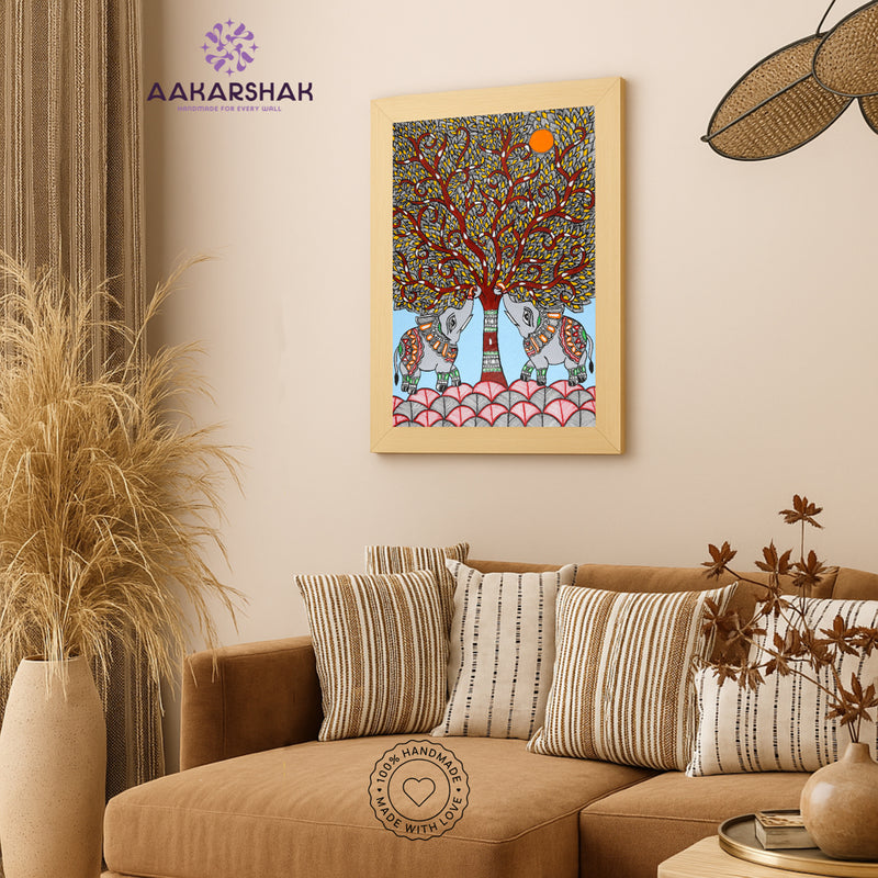 vibrant handmade elephant tree of life painting-depicting indian folk