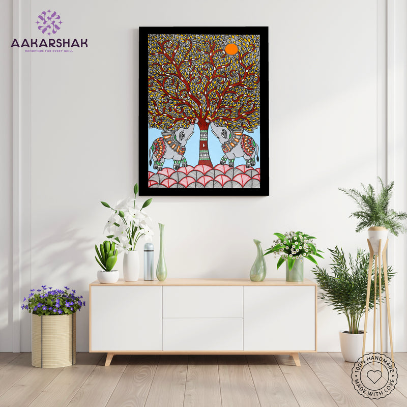 Framed artwork with elephant tree of life design -handmade madhubani painting for home decor