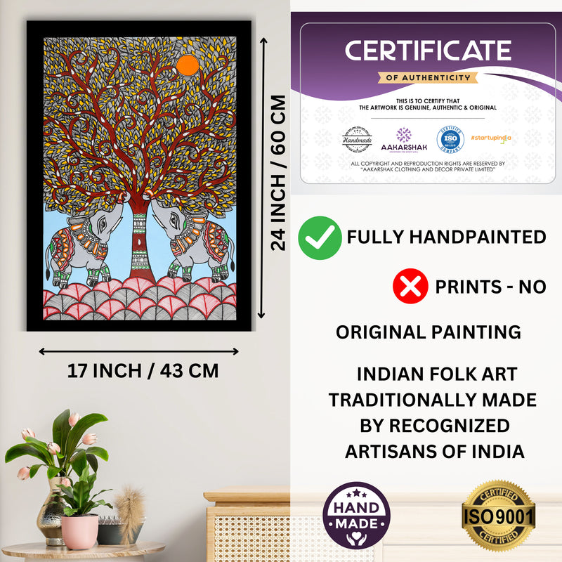 Framed artwork with dimensions, authenticity certificate and handmade iso certified-elephant tree of life madhubani painting