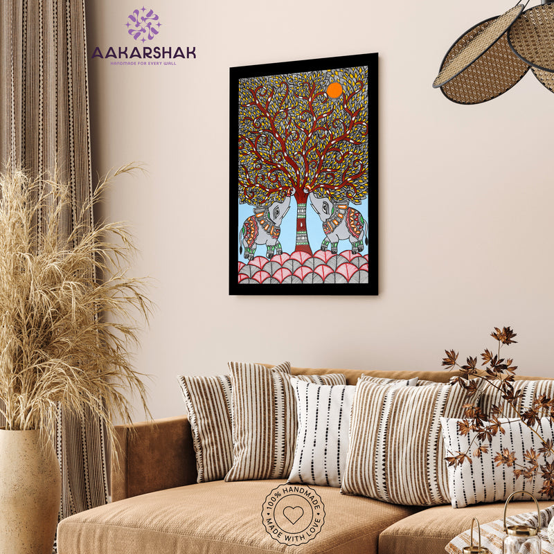 vibrant handmade elephant tree of life painting-depicting indian folk
