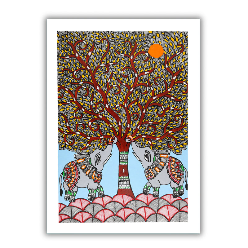 Framed artwork of a colorful elephant tree of life-with handmade madhubani