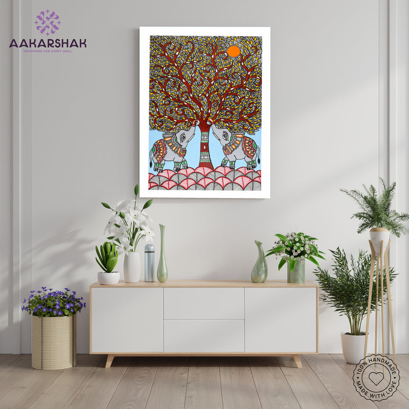 Framed artwork with elephant tree of life design -handmade madhubani painting for home decor