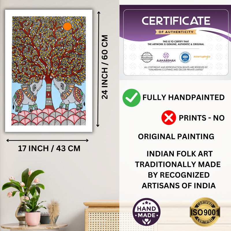 Framed artwork with dimensions, authenticity certificate and handmade iso certified-elephant tree of life madhubani painting