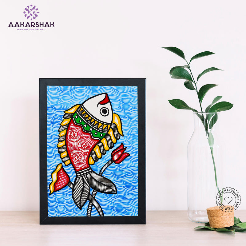 Handmade Madhubani Fish painting-with tabletop stand for home decor