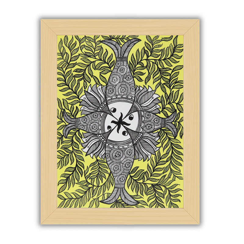 Framed artwork of a colorful fish -with handmade madhubani painting