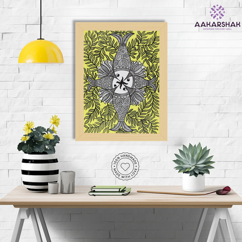 Framed artwork with fish design -handmade madhubani painting for home decor