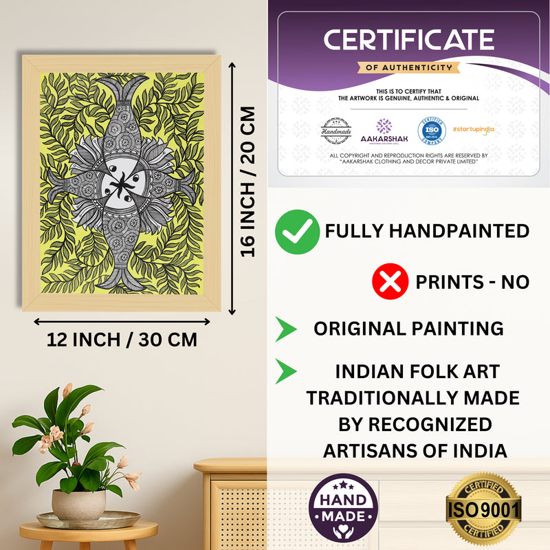 Framed artwork with dimensions, authenticity certificate and handmade iso certified-fish madhubani painting