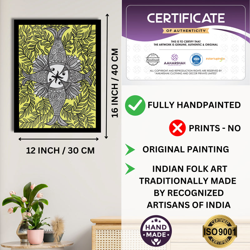 Framed artwork with dimensions, authenticity certificate and handmade iso certified-fish madhubani painting