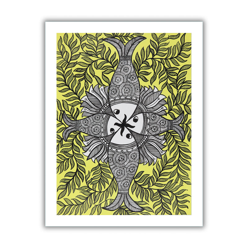 Framed artwork of a colorful fish -with handmade madhubani painting