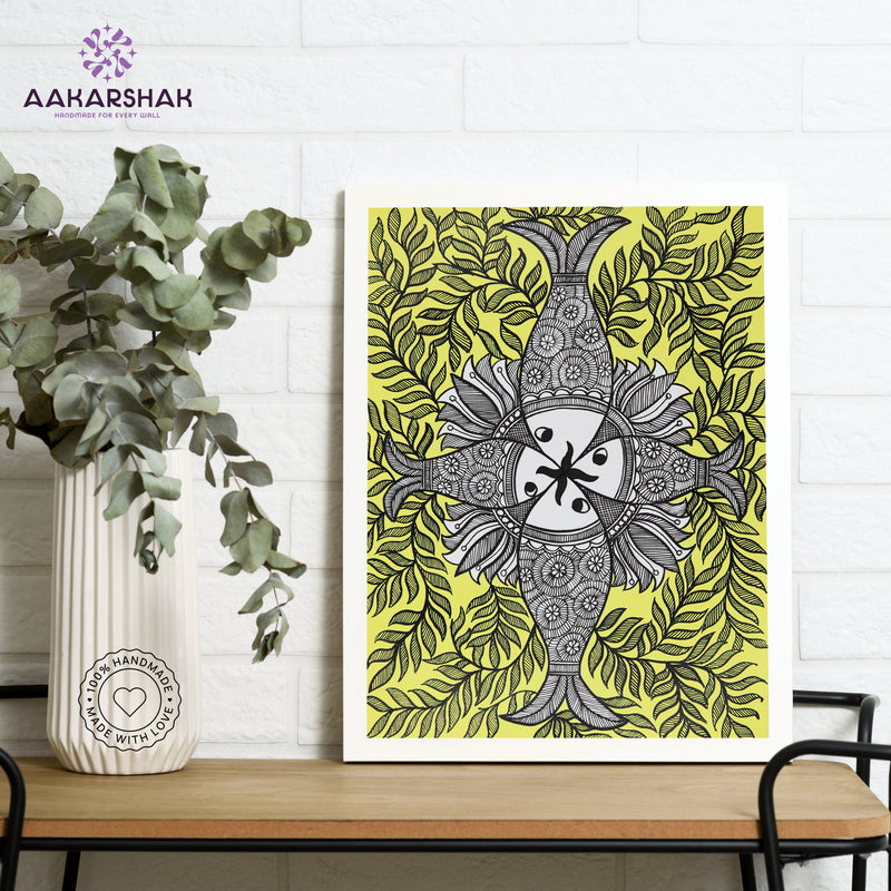 Framed artwork with fish design -handmade madhubani painting for home decor
