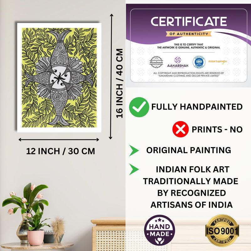 Framed artwork with dimensions, authenticity certificate and handmade iso certified-fish madhubani painting