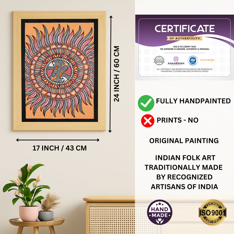 Framed artwork with dimensions, authenticity certificate and handmade iso certified fish madhubani painting