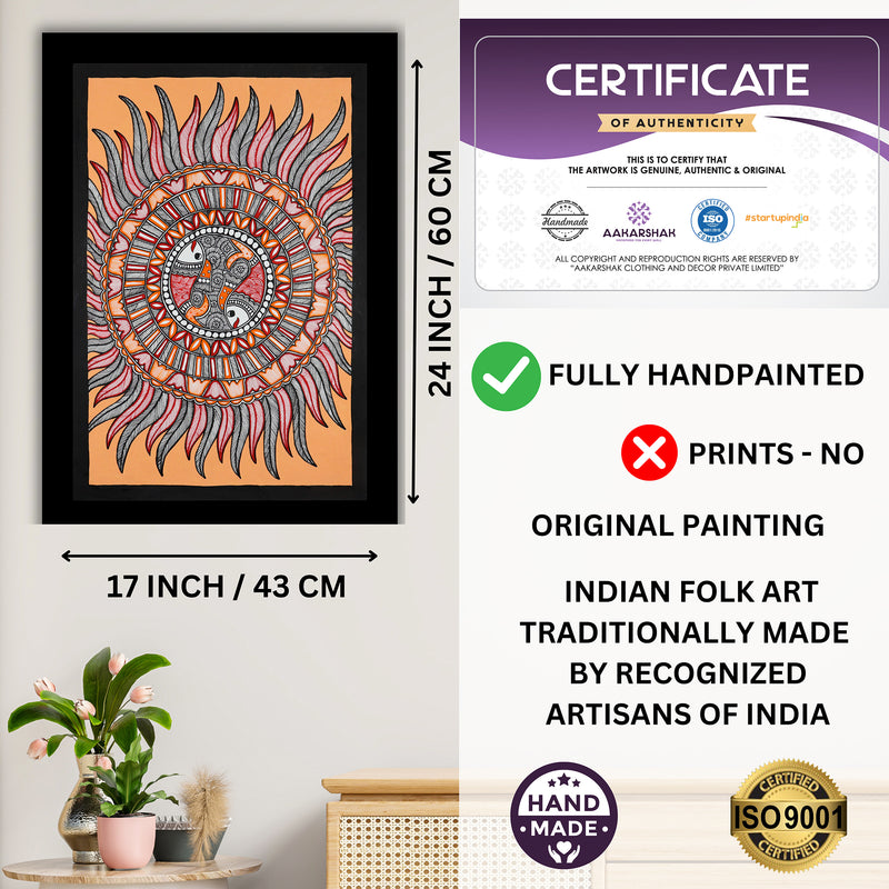 Framed artwork with dimensions, authenticity certificate and handmade iso certified fish madhubani painting