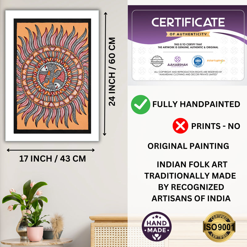 Framed artwork with dimensions, authenticity certificate and handmade iso certified fish madhubani painting