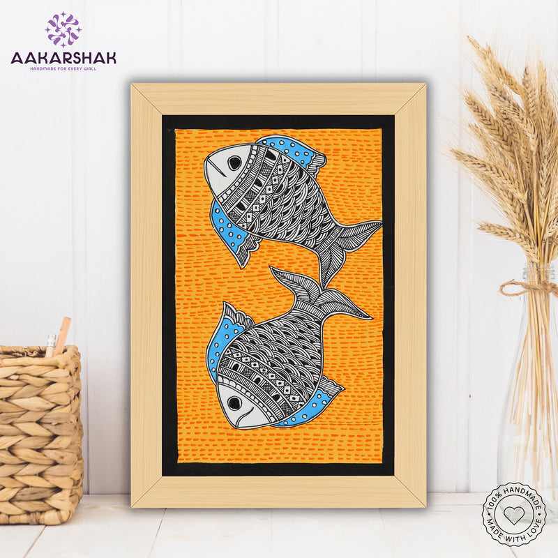 handmade madhubani painting fish painting-with tabletop stand for home decor