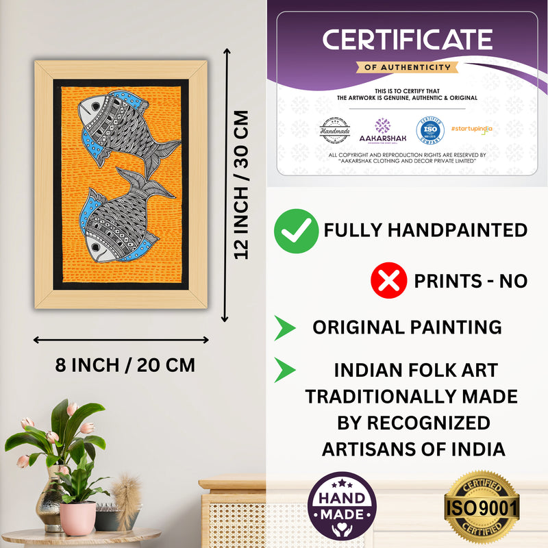 Decorative handmade art with dimensions and authenticity certificate -iso certified fish madhubani painting