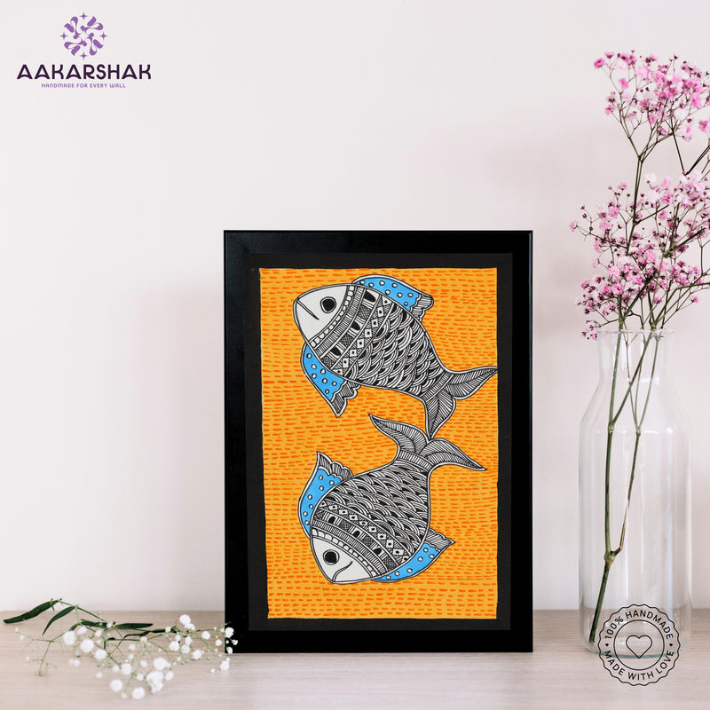 handmade madhubani painting fish painting-with tabletop stand for home decor