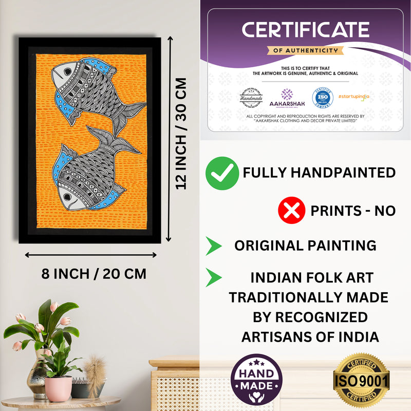 Decorative handmade art with dimensions and authenticity certificate -iso certified fish madhubani painting