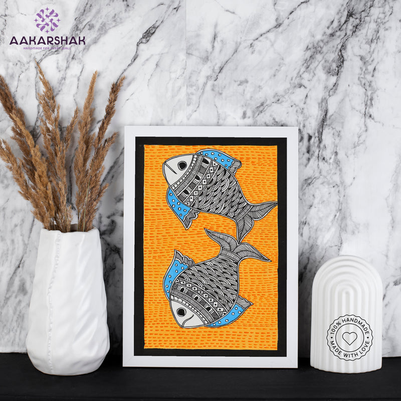 handmade madhubani painting fish painting-with tabletop stand for home decor
