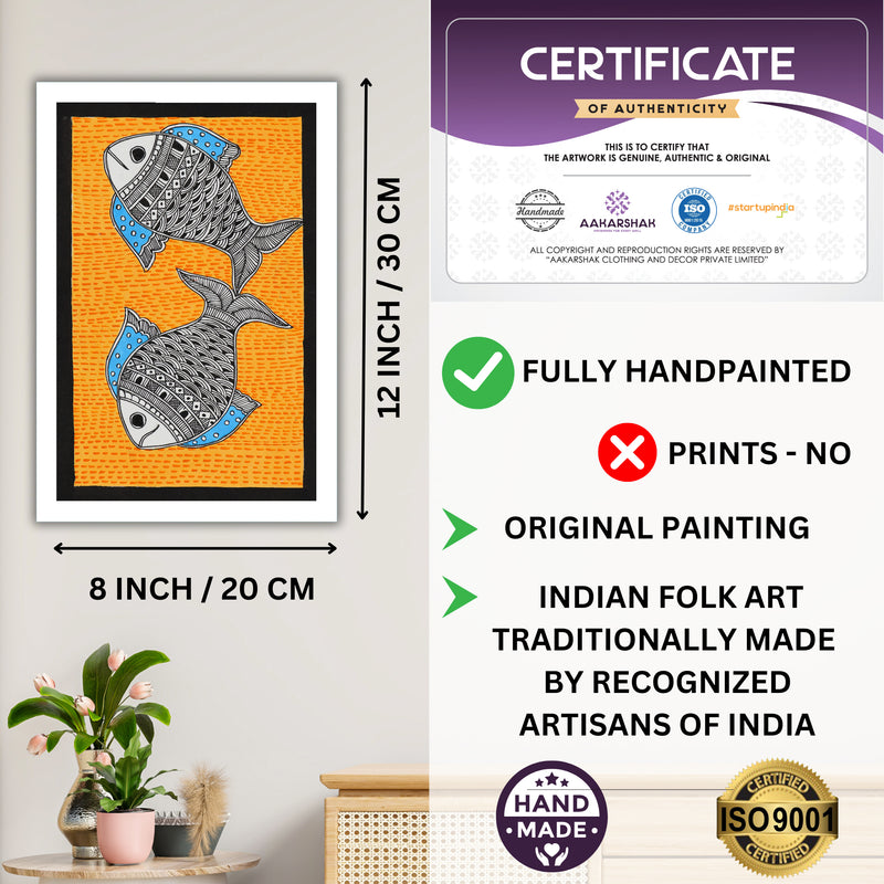 Decorative handmade art with dimensions and authenticity certificate -iso certified fish madhubani painting