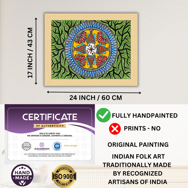 Framed artwork with dimensions, authenticity certificate and handmade iso certified-fish madhubani painting