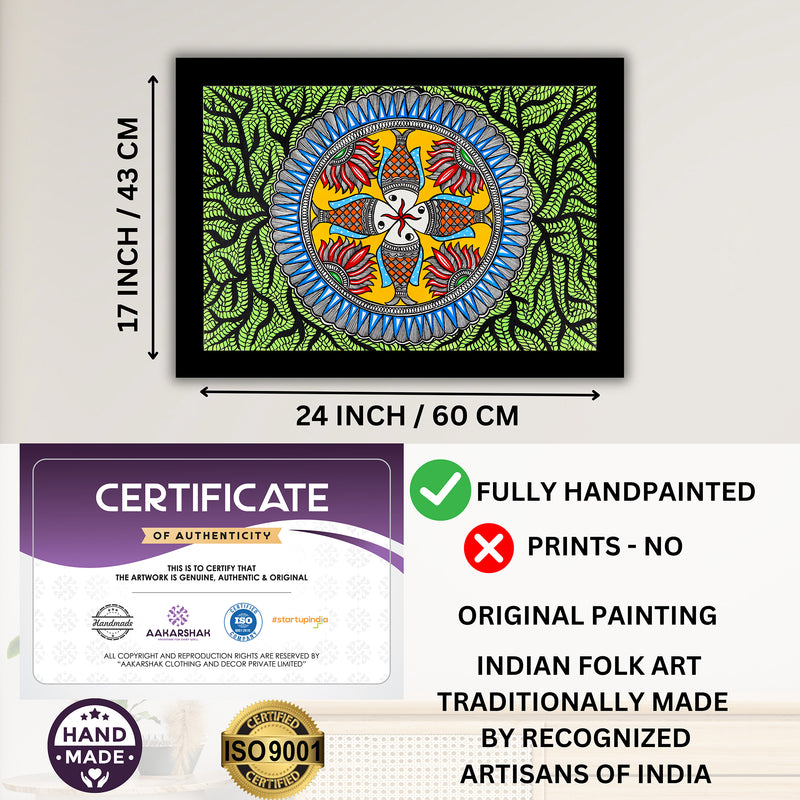 Framed artwork with dimensions, authenticity certificate and handmade iso certified-fish madhubani painting