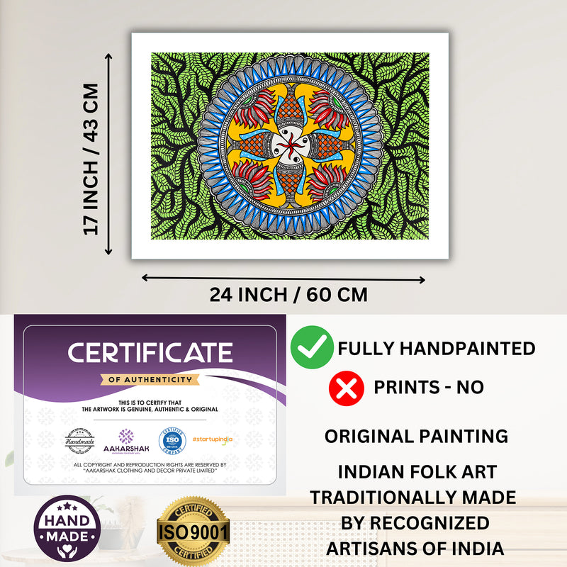 Framed artwork with dimensions, authenticity certificate and handmade iso certified-fish madhubani painting
