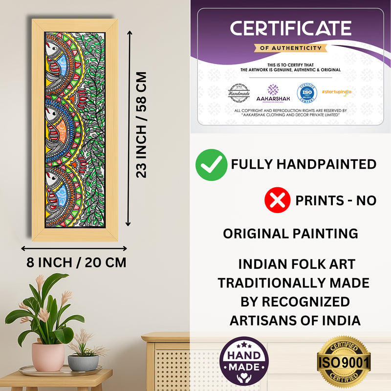 Framed artwork with dimensions, authenticity certificate and handmade iso certified-fish madhubani painting