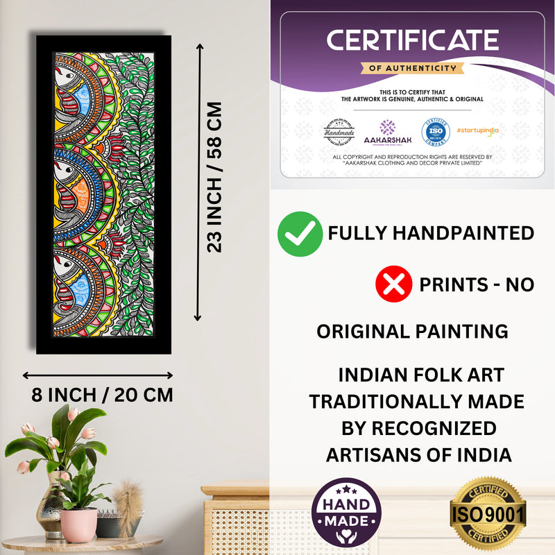 Framed artwork with dimensions, authenticity certificate and handmade iso certified-fish madhubani painting