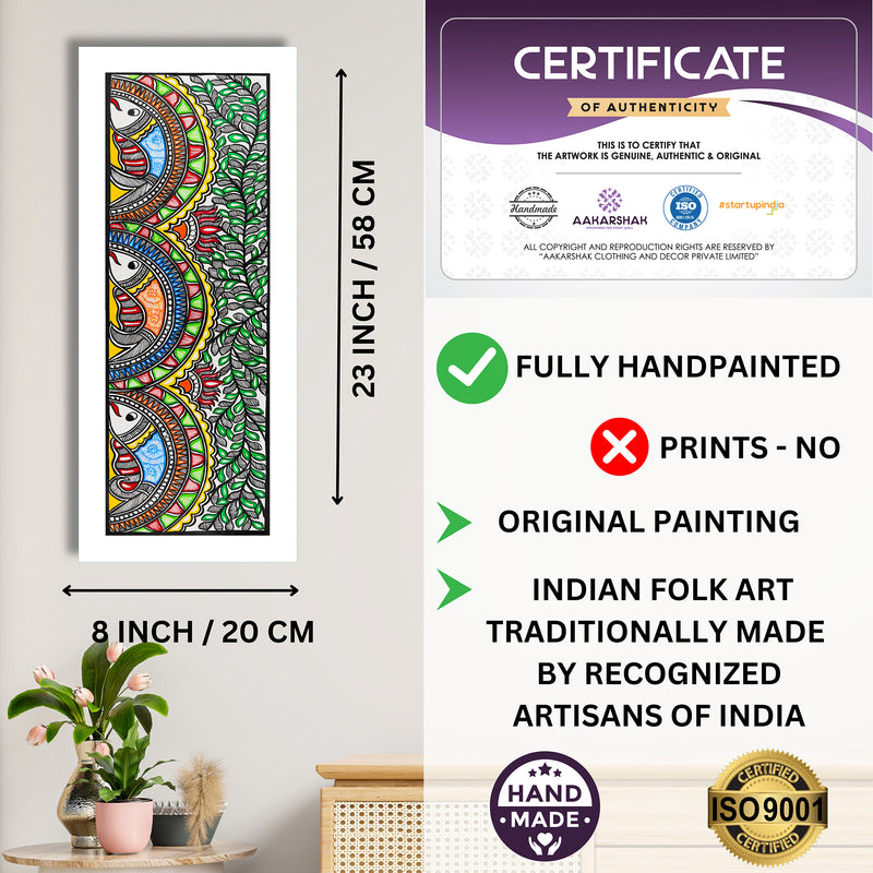 Framed artwork with dimensions, authenticity certificate and handmade iso certified-fish madhubani painting