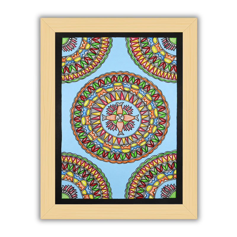 Framed artwork of a colorful fish-with handmade madhubani painting