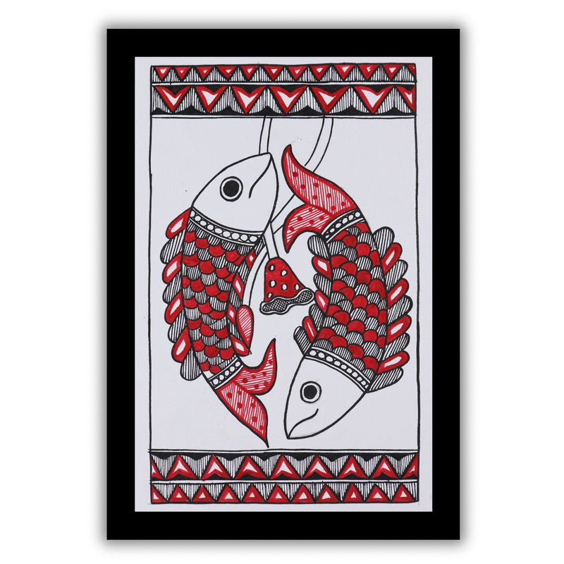 handmade madhubani painting painting fish-in vibrant traditional folk art style