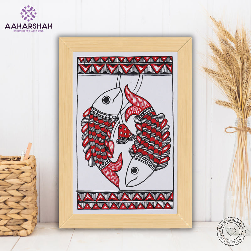 handmade madhubani painting fish painting-with tabletop stand for home decor