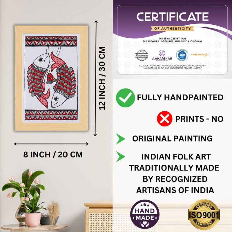 Decorative handmade art with dimensions and authenticity certificate -iso certified fish madhubani painting