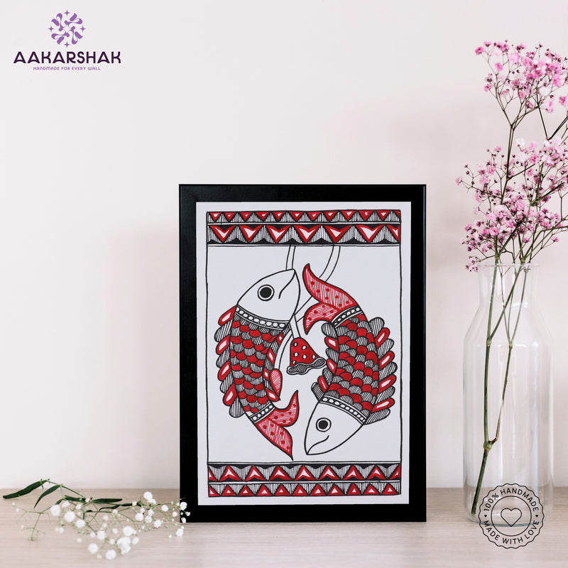 handmade madhubani painting fish painting-with tabletop stand for home decor