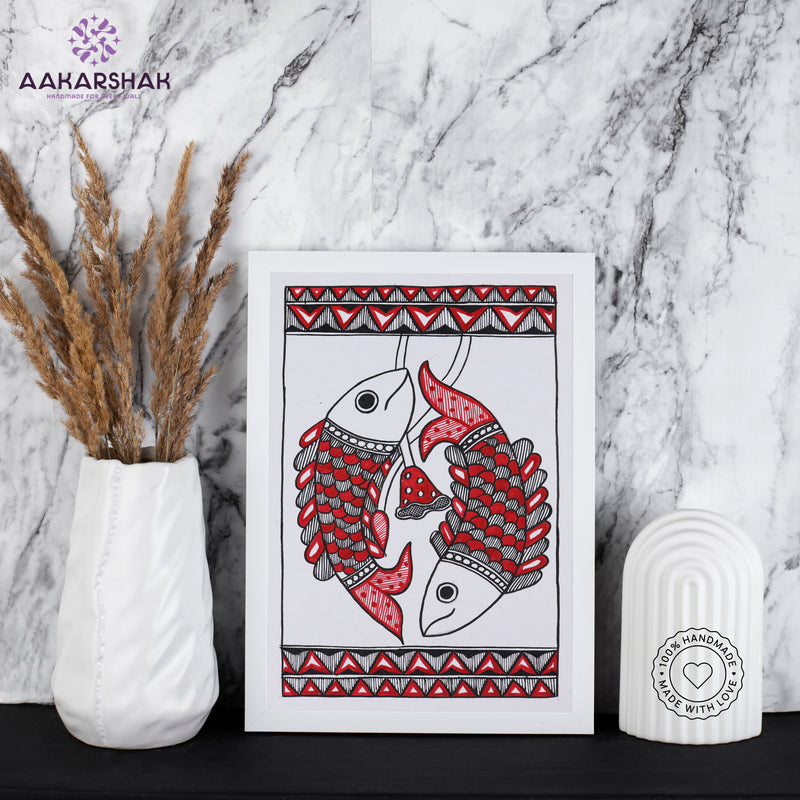 handmade madhubani painting fish painting-with tabletop stand for home decor