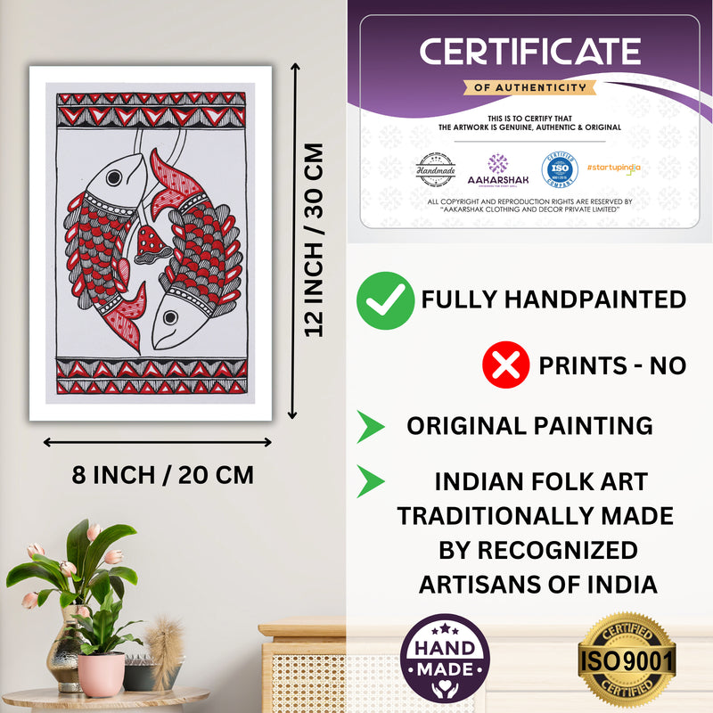 Decorative handmade art with dimensions and authenticity certificate -iso certified fish madhubani painting
