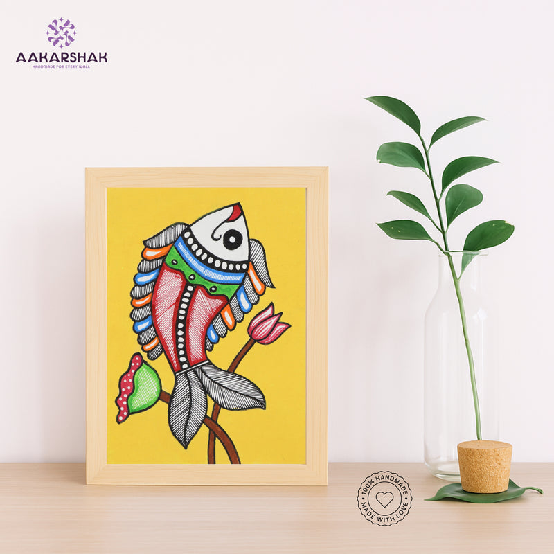 Handmade Madhubani fish painting-with tabletop stand for home decor