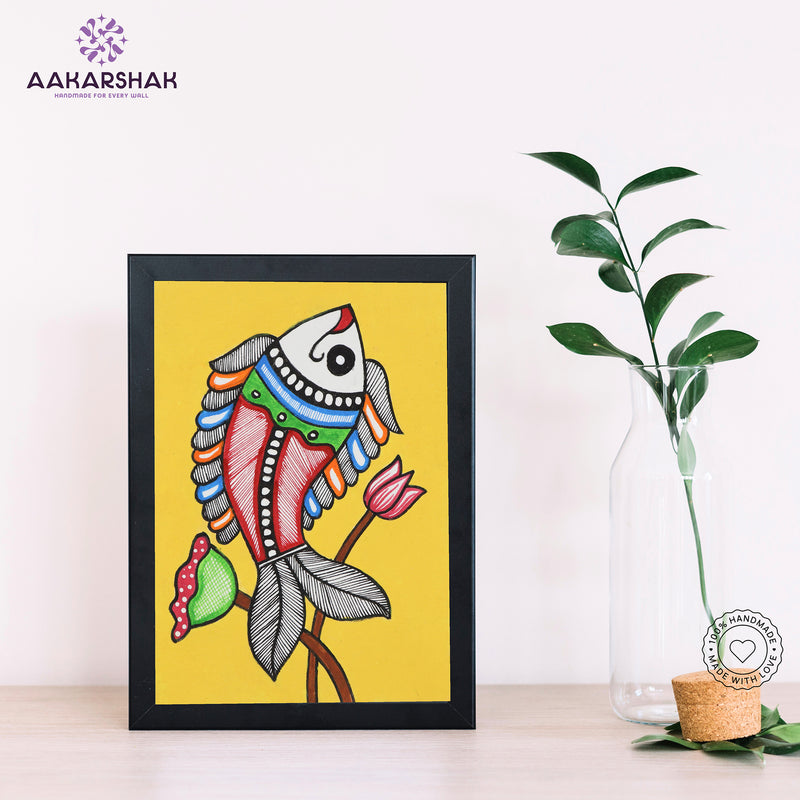 Handmade Madhubani fish painting-with tabletop stand for home decor